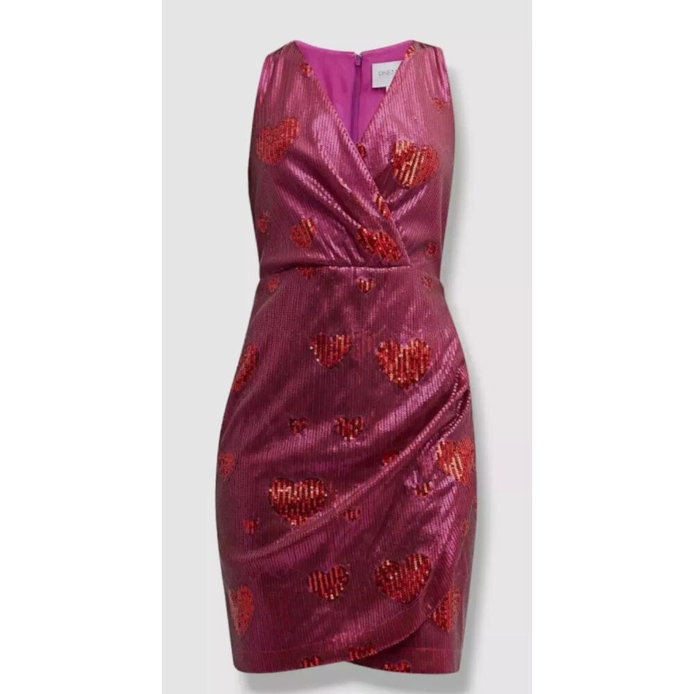 ONE33 Social Pink & Red Sequin Hearts Faux Wrap‎ Party Dress Size 8